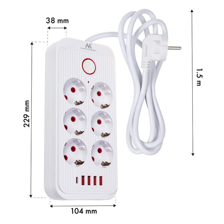 Napájecí lišta Maclean, 6zásuvkový prodlužovací kabel + 4xUSB, 110-240V AC 50/60Hz, 2,1A max. 2500W, 1,5 m, bílá, MCE389 W