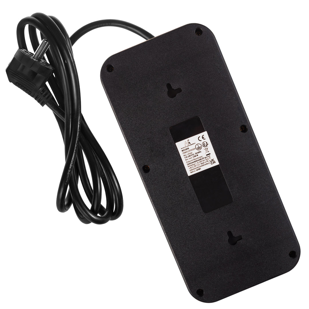 Napájecí lišta Maclean, prodlužovací kabel se 6 zásuvkami + 4xUSB, 110-240V AC 50/60Hz, 2,1A max. 2500W, 1,5 m, černá, MCE389 B