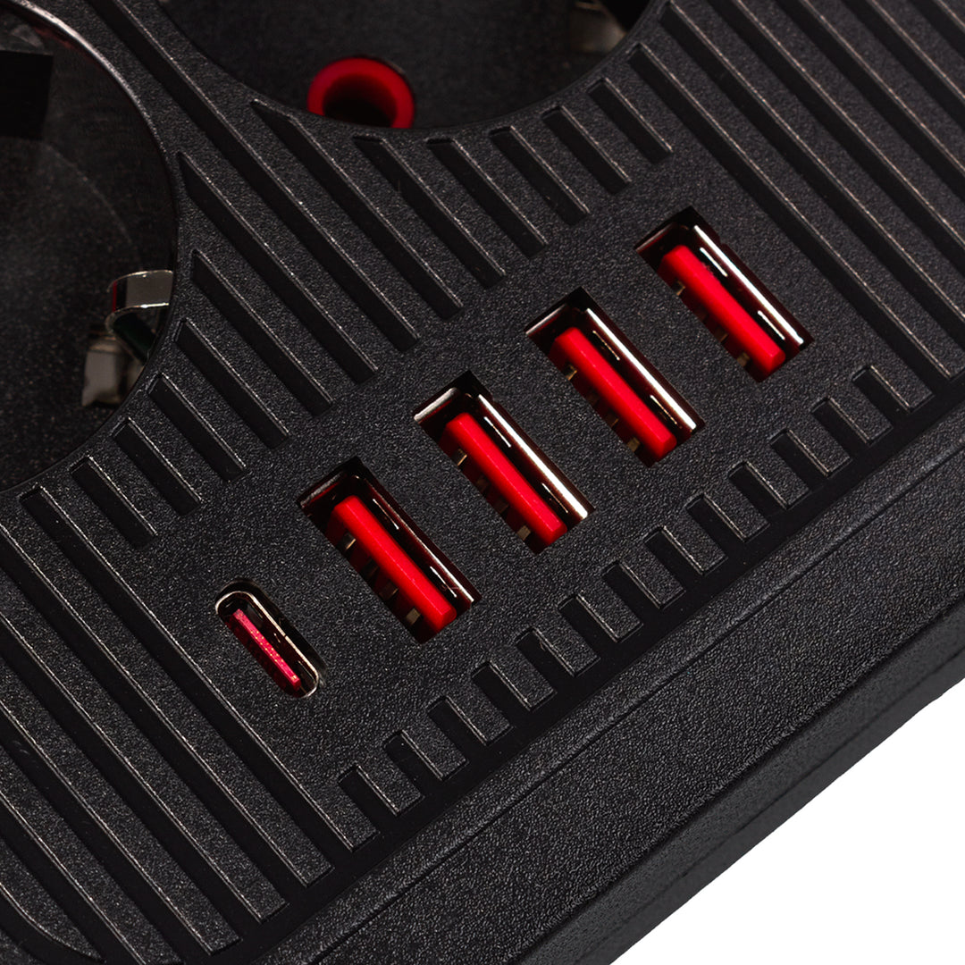 Napájecí lišta Maclean, prodlužovací kabel se 6 zásuvkami + 4xUSB, 110-240V AC 50/60Hz, 2,1A max. 2500W, 1,5 m, černá, MCE389 B