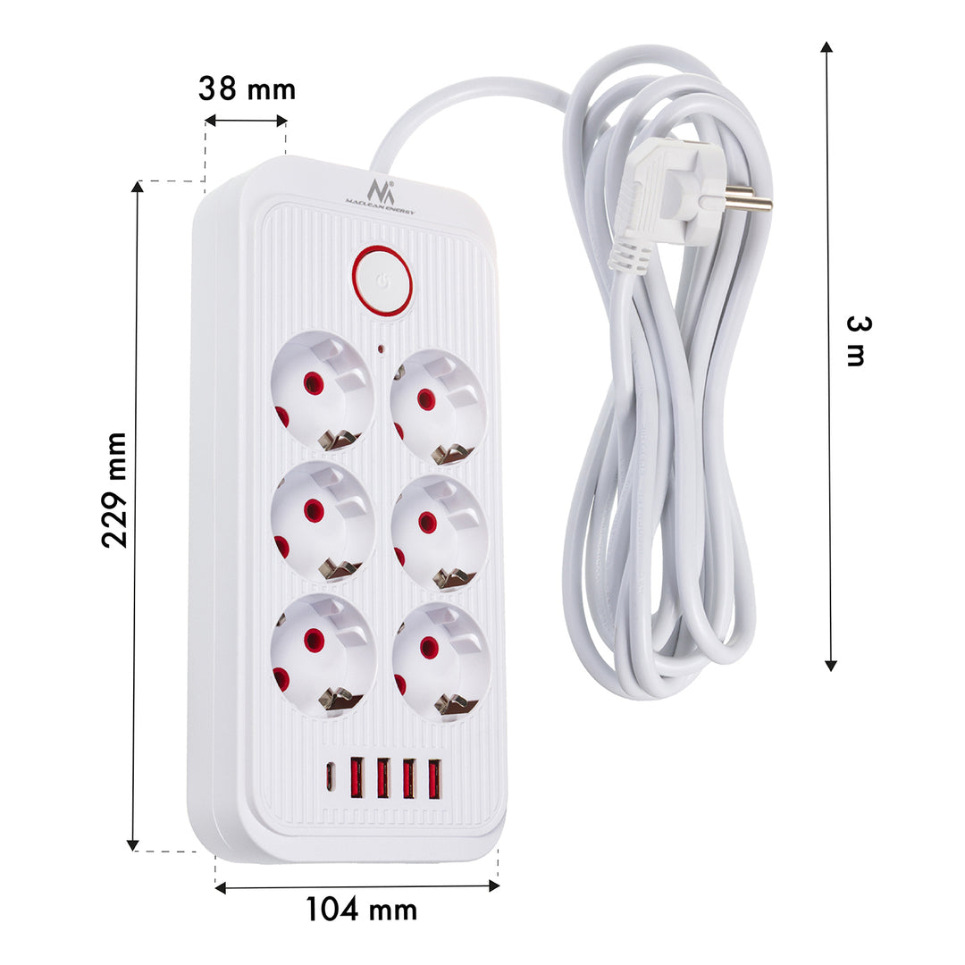 Napájecí lišta Maclean, prodlužovací kabel se 6 zásuvkami + 4xUSB, 110-240V AC 50/60Hz, 2,1A max. 2500W, 3m, bílá, MCE391 W
