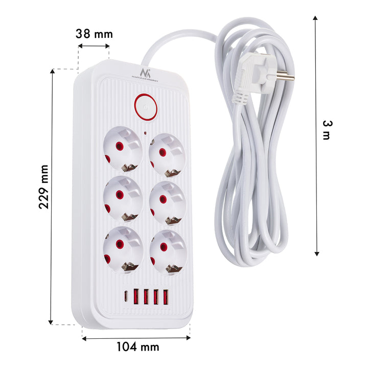 Napájecí lišta Maclean, prodlužovací kabel se 6 zásuvkami + 4xUSB, 110-240V AC 50/60Hz, 2,1A max. 2500W, 3m, bílá, MCE391 W