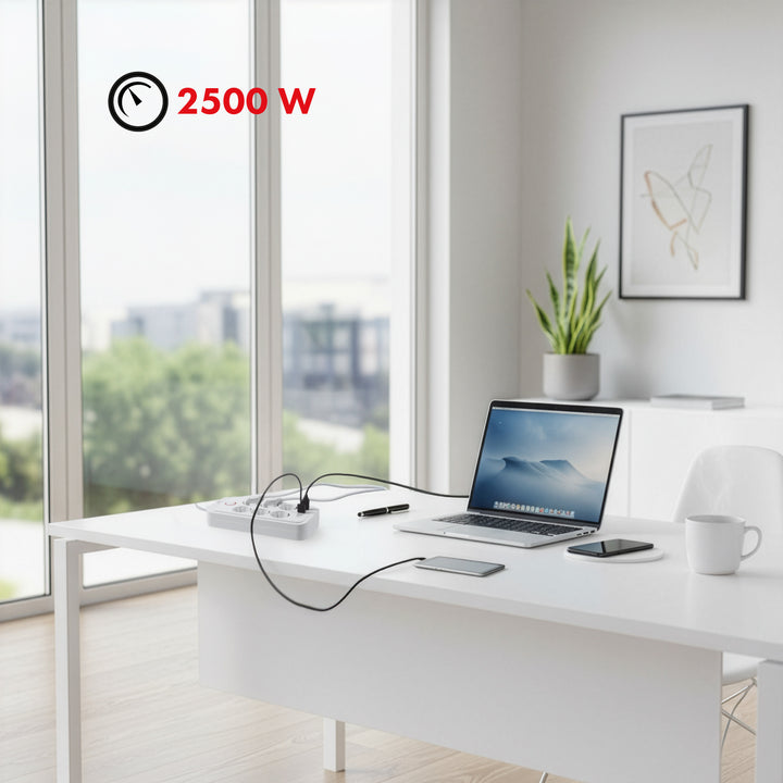 Napájecí lišta Maclean, prodlužovací kabel se 6 zásuvkami + 4xUSB, 110-240V AC 50/60Hz, 2,1A max. 2500W, 3m, bílá, MCE391 W