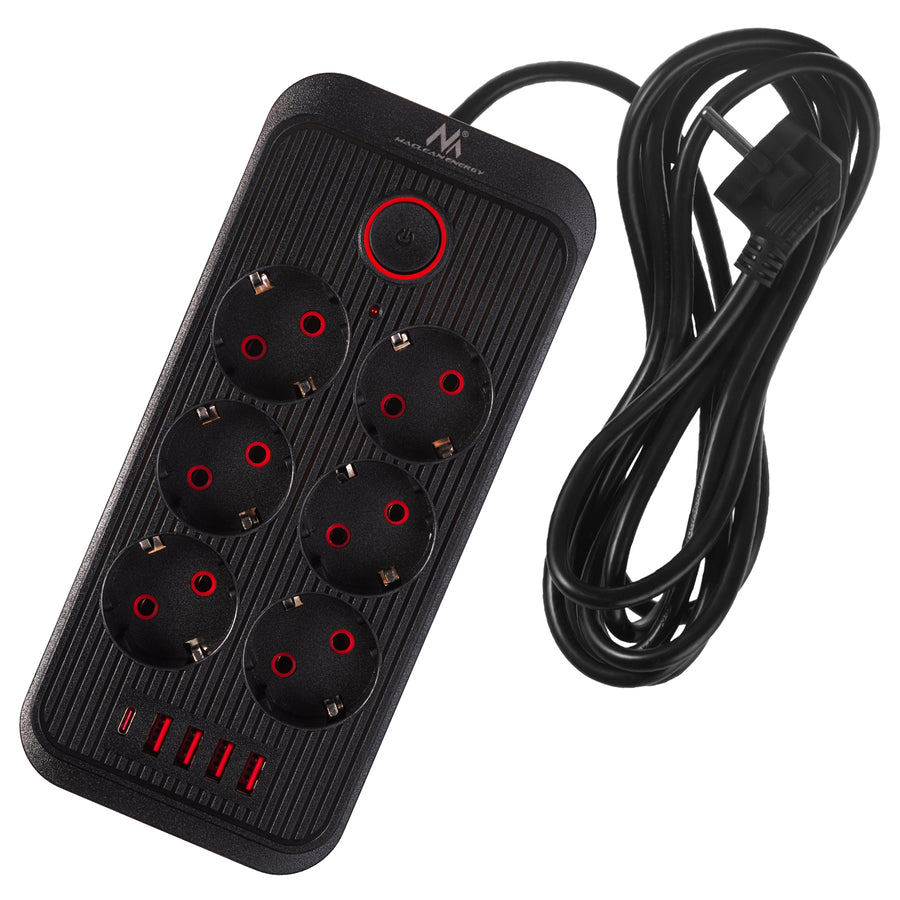 Napájecí lišta Maclean, prodlužovací kabel se 6 zásuvkami + 4xUSB, 110-240V AC 50/60Hz, 2,1A max. 2500W, 3m, černá, MCE391 B