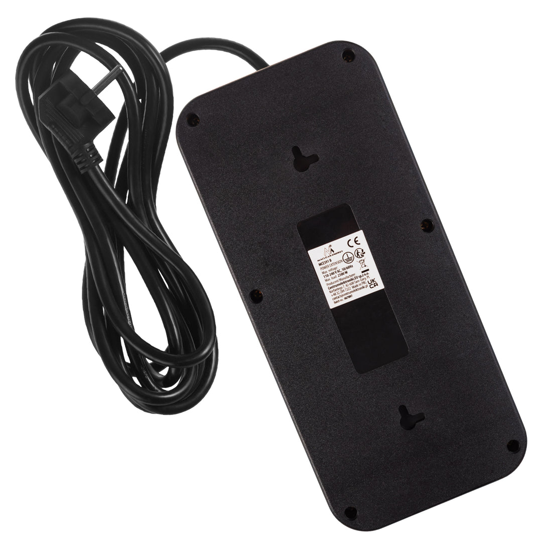 Napájecí lišta Maclean, prodlužovací kabel se 6 zásuvkami + 4xUSB, 110-240V AC 50/60Hz, 2,1A max. 2500W, 3m, černá, MCE391 B