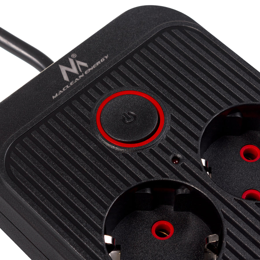 Napájecí lišta Maclean, prodlužovací kabel se 6 zásuvkami + 4xUSB, 110-240V AC 50/60Hz, 2,1A max. 2500W, 3m, černá, MCE391 B