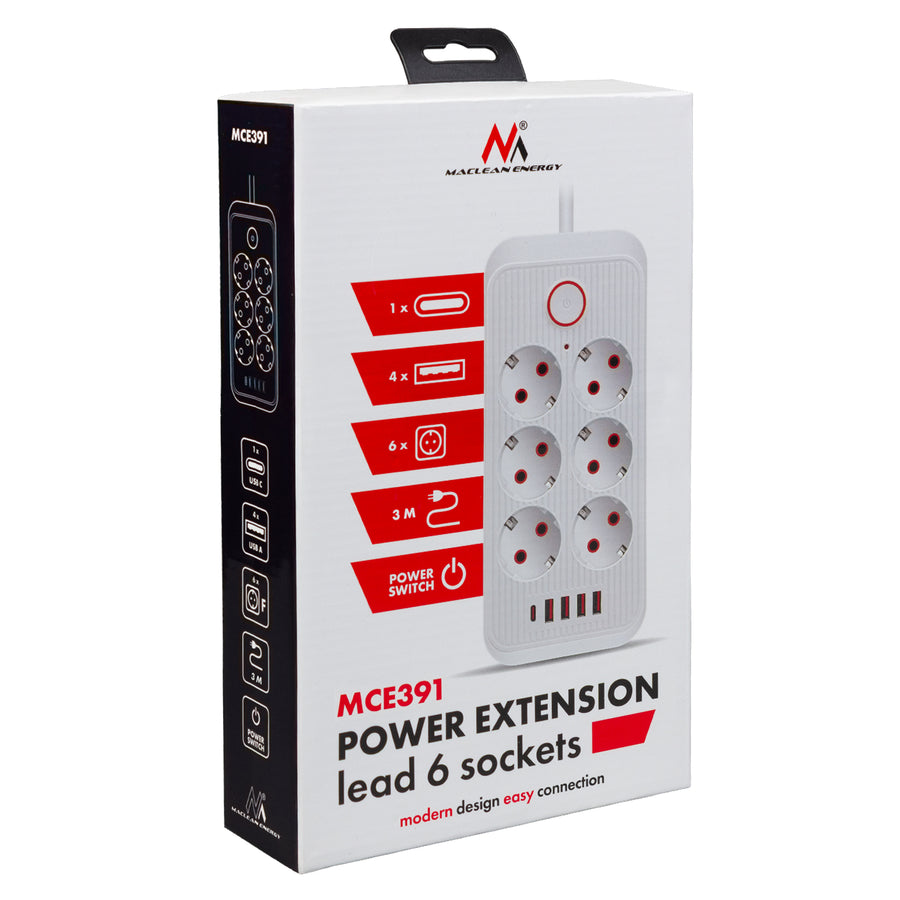 Napájecí lišta Maclean, prodlužovací kabel se 6 zásuvkami + 4xUSB, 110-240V AC 50/60Hz, 2,1A max. 2500W, 3m, černá, MCE391 B