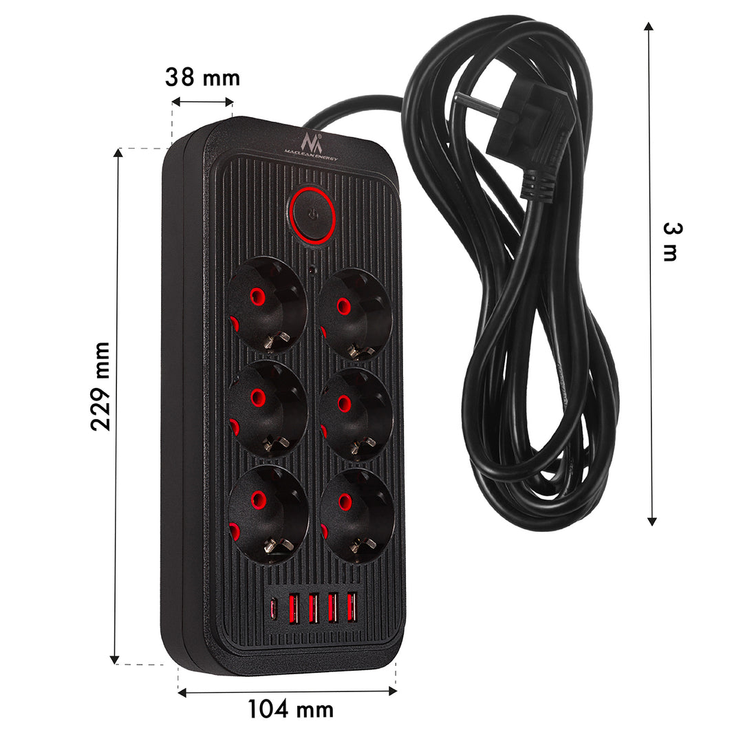 Napájecí lišta Maclean, prodlužovací kabel se 6 zásuvkami + 4xUSB, 110-240V AC 50/60Hz, 2,1A max. 2500W, 3m, černá, MCE391 B