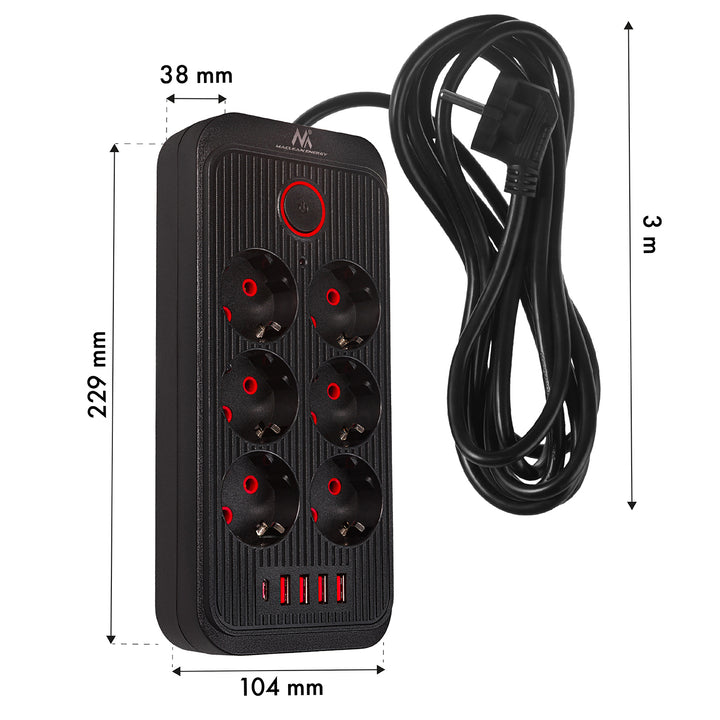 Napájecí lišta Maclean, prodlužovací kabel se 6 zásuvkami + 4xUSB, 110-240V AC 50/60Hz, 2,1A max. 2500W, 3m, černá, MCE391 B