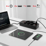 Napájecí lišta Maclean, prodlužovací kabel se 6 zásuvkami + 4xUSB, 110-240V AC 50/60Hz, 2,1A max. 2500W, 3m, černá, MCE391 B