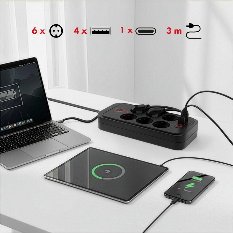 Napájecí lišta Maclean, prodlužovací kabel se 6 zásuvkami + 4xUSB, 110-240V AC 50/60Hz, 2,1A max. 2500W, 3m, černá, MCE391 B