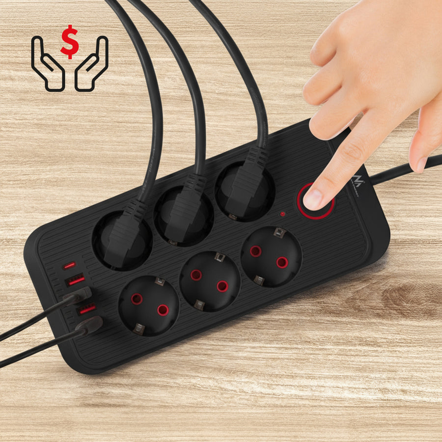 Napájecí lišta Maclean, prodlužovací kabel se 6 zásuvkami + 4xUSB, 110-240V AC 50/60Hz, 2,1A max. 2500W, 3m, černá, MCE391 B