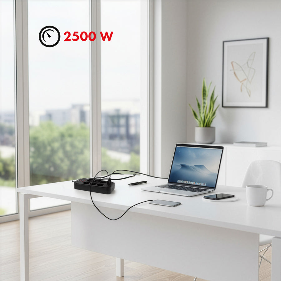 Napájecí lišta Maclean, prodlužovací kabel se 6 zásuvkami + 4xUSB, 110-240V AC 50/60Hz, 2,1A max. 2500W, 3m, černá, MCE391 B