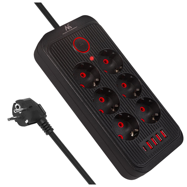 Napájecí lišta Maclean, prodlužovací kabel se 6 zásuvkami + 4xUSB, 110-240V AC 50/60Hz, 2,1A max. 2500W, 3m, černá, MCE391 B