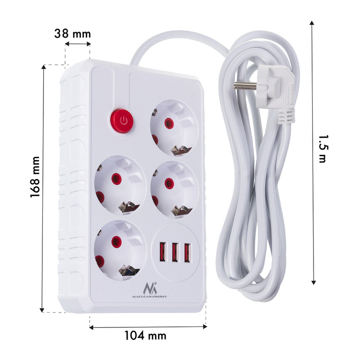 Napájecí lišta Maclean, prodlužovací kabel se 4 zásuvkami + 3xUSB, 110-240V AC 50/60Hz, 2,1A max. 2500W, 1,5 m, bílá, MCE392 W