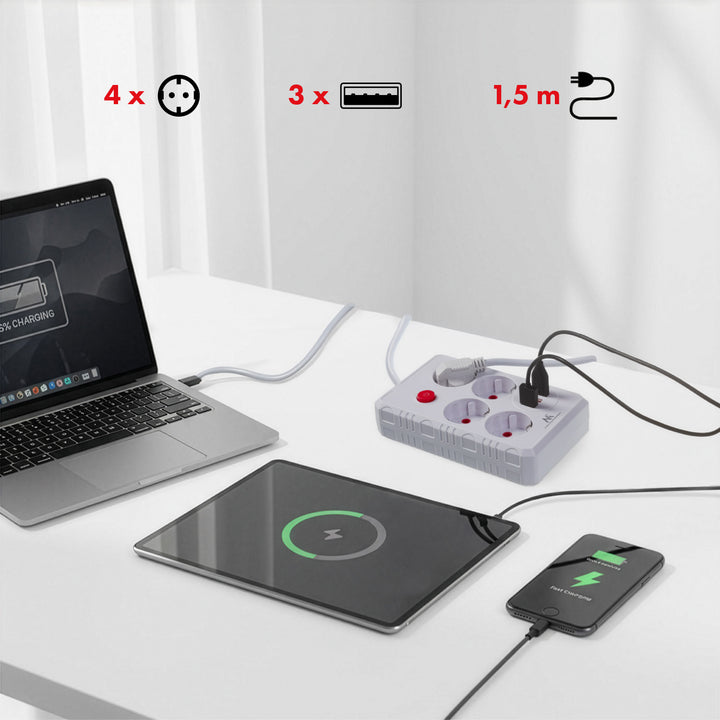 Napájecí lišta Maclean, prodlužovací kabel se 4 zásuvkami + 3xUSB, 110-240V AC 50/60Hz, 2,1A max. 2500W, 1,5 m, bílá, MCE392 W