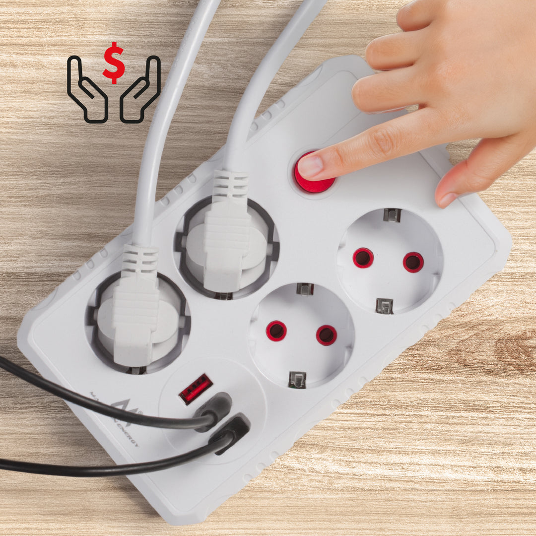 Napájecí lišta Maclean, prodlužovací kabel se 4 zásuvkami + 3xUSB, 110-240V AC 50/60Hz, 2,1A max. 2500W, 1,5 m, bílá, MCE392 W