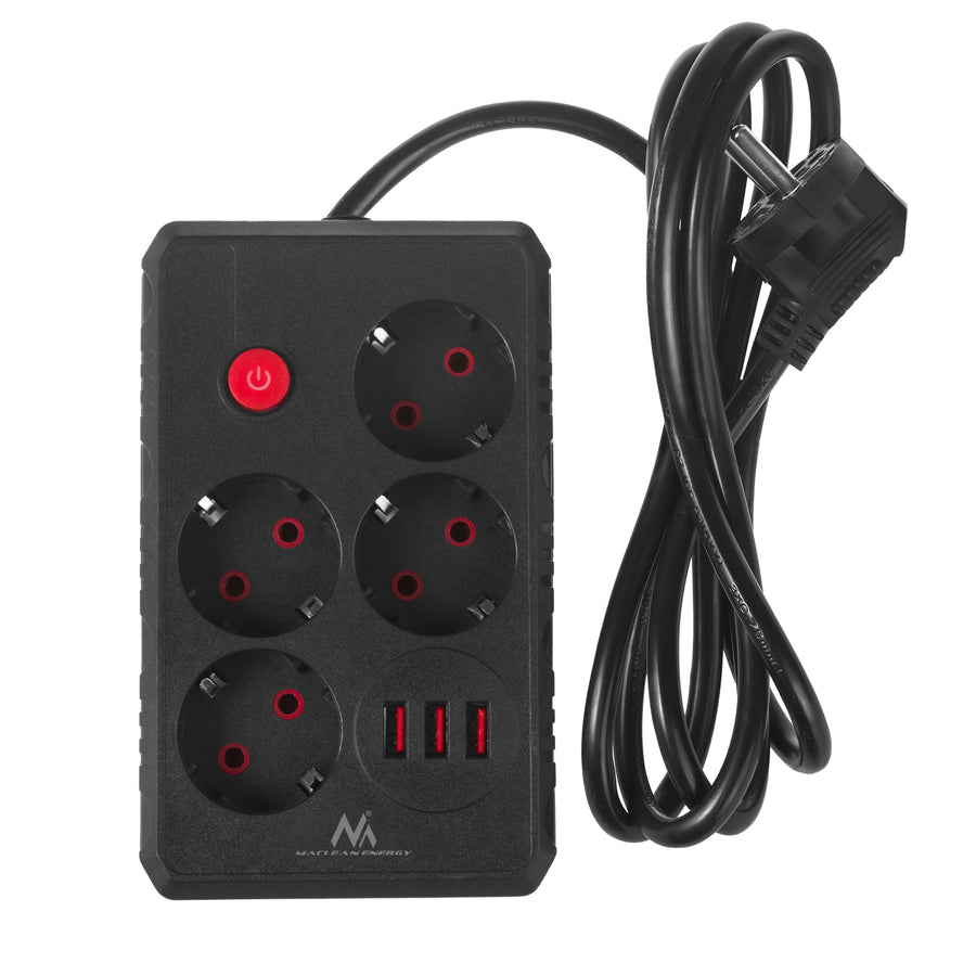Napájecí lišta Maclean, prodlužovací kabel se 4 zásuvkami + 3xUSB, 110-240V AC 50/60Hz, 2,1A max. 2500W, 1,5 m, černá, MCE392 B