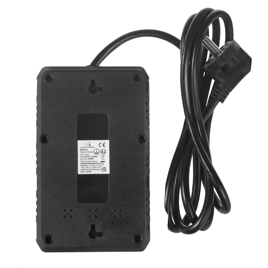Napájecí lišta Maclean, prodlužovací kabel se 4 zásuvkami + 3xUSB, 110-240V AC 50/60Hz, 2,1A max. 2500W, 1,5 m, černá, MCE392 B