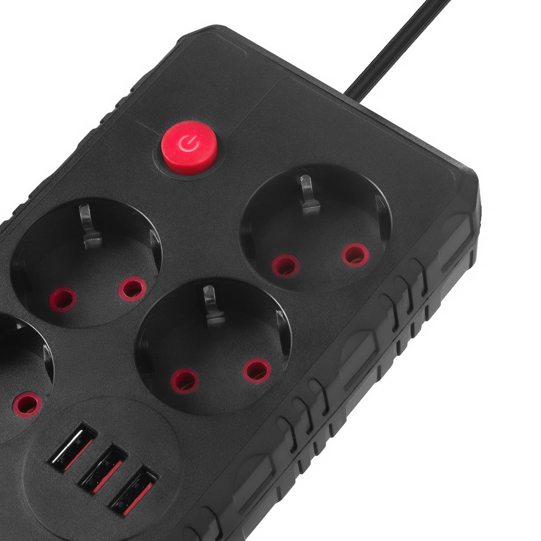 Napájecí lišta Maclean, prodlužovací kabel se 4 zásuvkami + 3xUSB, 110-240V AC 50/60Hz, 2,1A max. 2500W, 1,5 m, černá, MCE392 B