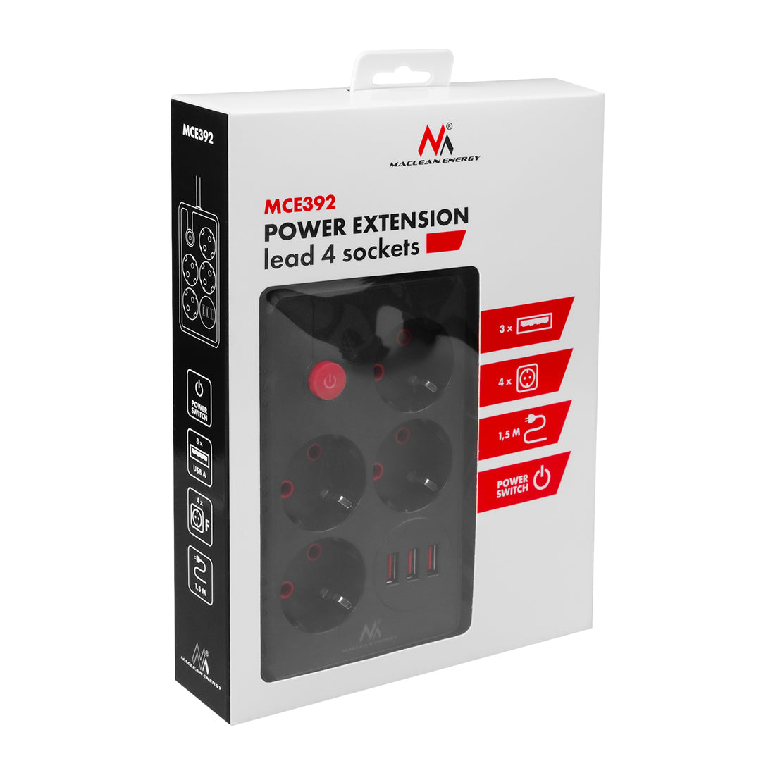 Napájecí lišta Maclean, prodlužovací kabel se 4 zásuvkami + 3xUSB, 110-240V AC 50/60Hz, 2,1A max. 2500W, 1,5 m, černá, MCE392 B