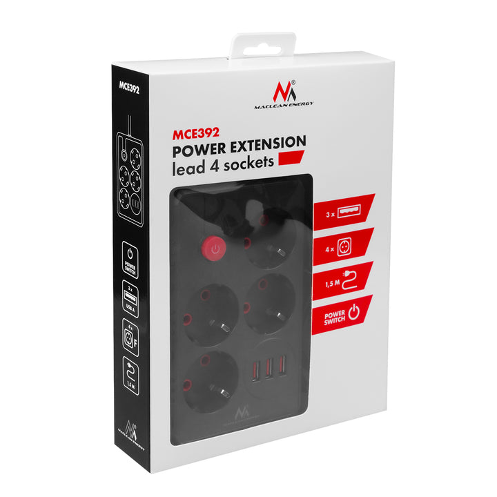Napájecí lišta Maclean, prodlužovací kabel se 4 zásuvkami + 3xUSB, 110-240V AC 50/60Hz, 2,1A max. 2500W, 1,5 m, černá, MCE392 B