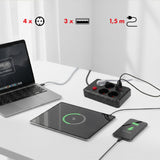 Napájecí lišta Maclean, prodlužovací kabel se 4 zásuvkami + 3xUSB, 110-240V AC 50/60Hz, 2,1A max. 2500W, 1,5 m, černá, MCE392 B
