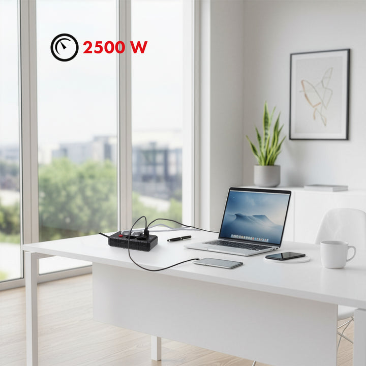 Napájecí lišta Maclean, prodlužovací kabel se 4 zásuvkami + 3xUSB, 110-240V AC 50/60Hz, 2,1A max. 2500W, 1,5 m, černá, MCE392 B