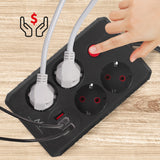 Napájecí lišta Maclean, prodlužovací kabel se 4 zásuvkami + 3xUSB, 110-240V AC 50/60Hz, 2,1A max. 2500W, 1,5 m, černá, MCE392 B