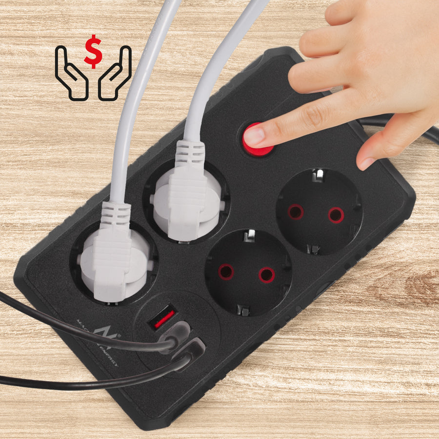 Napájecí lišta Maclean, prodlužovací kabel se 4 zásuvkami + 3xUSB, 110-240V AC 50/60Hz, 2,1A max. 2500W, 1,5 m, černá, MCE392 B