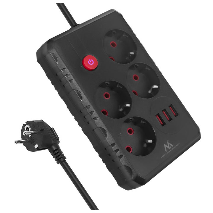 Napájecí lišta Maclean, prodlužovací kabel se 4 zásuvkami + 3xUSB, 110-240V AC 50/60Hz, 2,1A max. 2500W, 1,5 m, černá, MCE392 B
