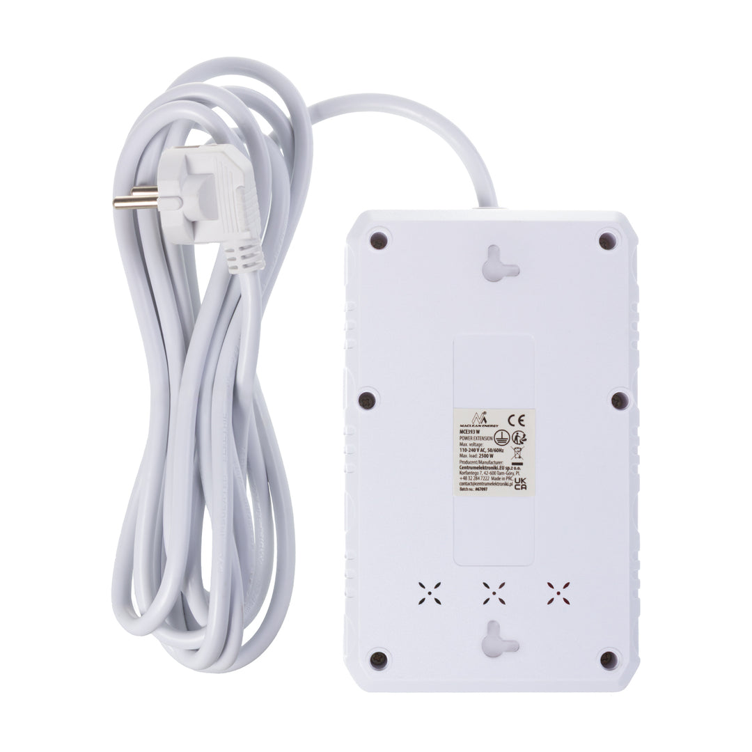 Napájecí lišta Maclean, prodlužovací kabel se 4 zásuvkami + 3xUSB, 110-240V AC 50/60Hz, 2,1A max. 2500W, 3m, bílá, MCE393 W