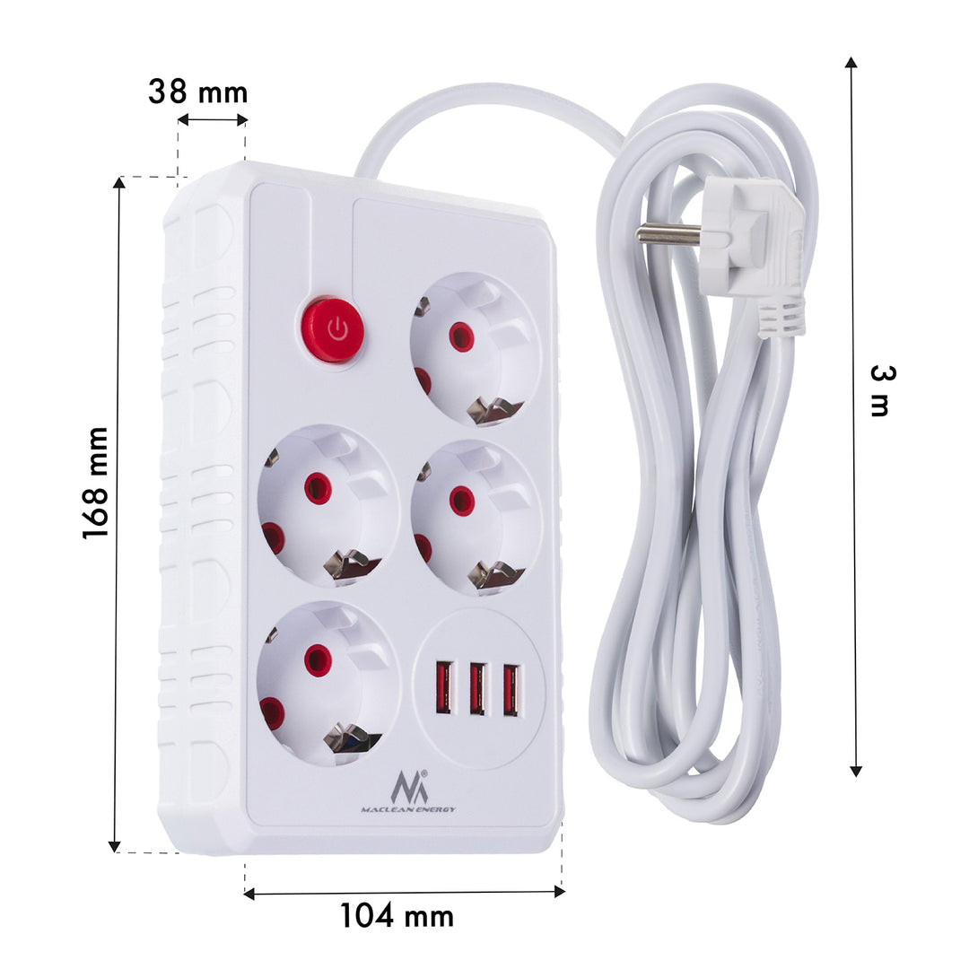 Napájecí lišta Maclean, prodlužovací kabel se 4 zásuvkami + 3xUSB, 110-240V AC 50/60Hz, 2,1A max. 2500W, 3m, bílá, MCE393 W