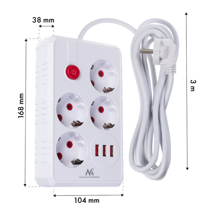 Napájecí lišta Maclean, prodlužovací kabel se 4 zásuvkami + 3xUSB, 110-240V AC 50/60Hz, 2,1A max. 2500W, 3m, bílá, MCE393 W