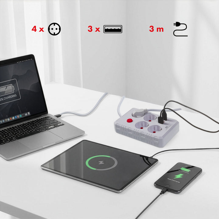 Napájecí lišta Maclean, prodlužovací kabel se 4 zásuvkami + 3xUSB, 110-240V AC 50/60Hz, 2,1A max. 2500W, 3m, bílá, MCE393 W