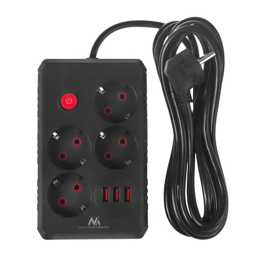 Napájecí lišta Maclean, prodlužovací kabel se 4 zásuvkami + 3xUSB, 110-240V AC 50/60Hz, 2,1A max. 2500W, 3m, černá, MCE393 B