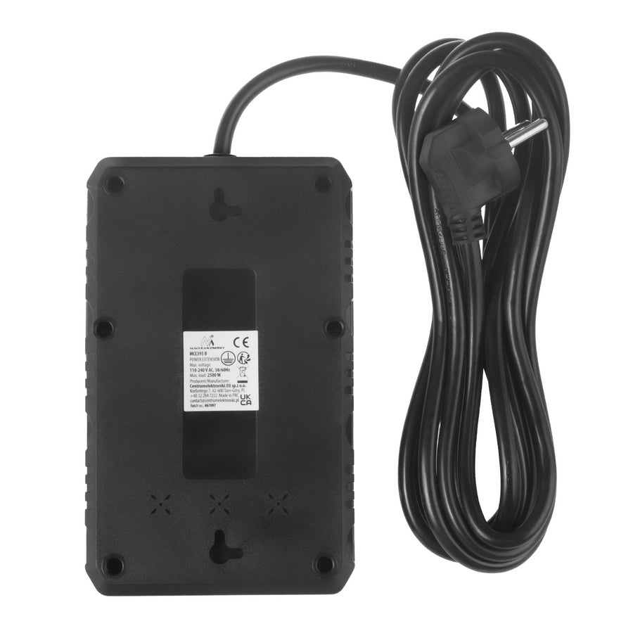 Napájecí lišta Maclean, prodlužovací kabel se 4 zásuvkami + 3xUSB, 110-240V AC 50/60Hz, 2,1A max. 2500W, 3m, černá, MCE393 B