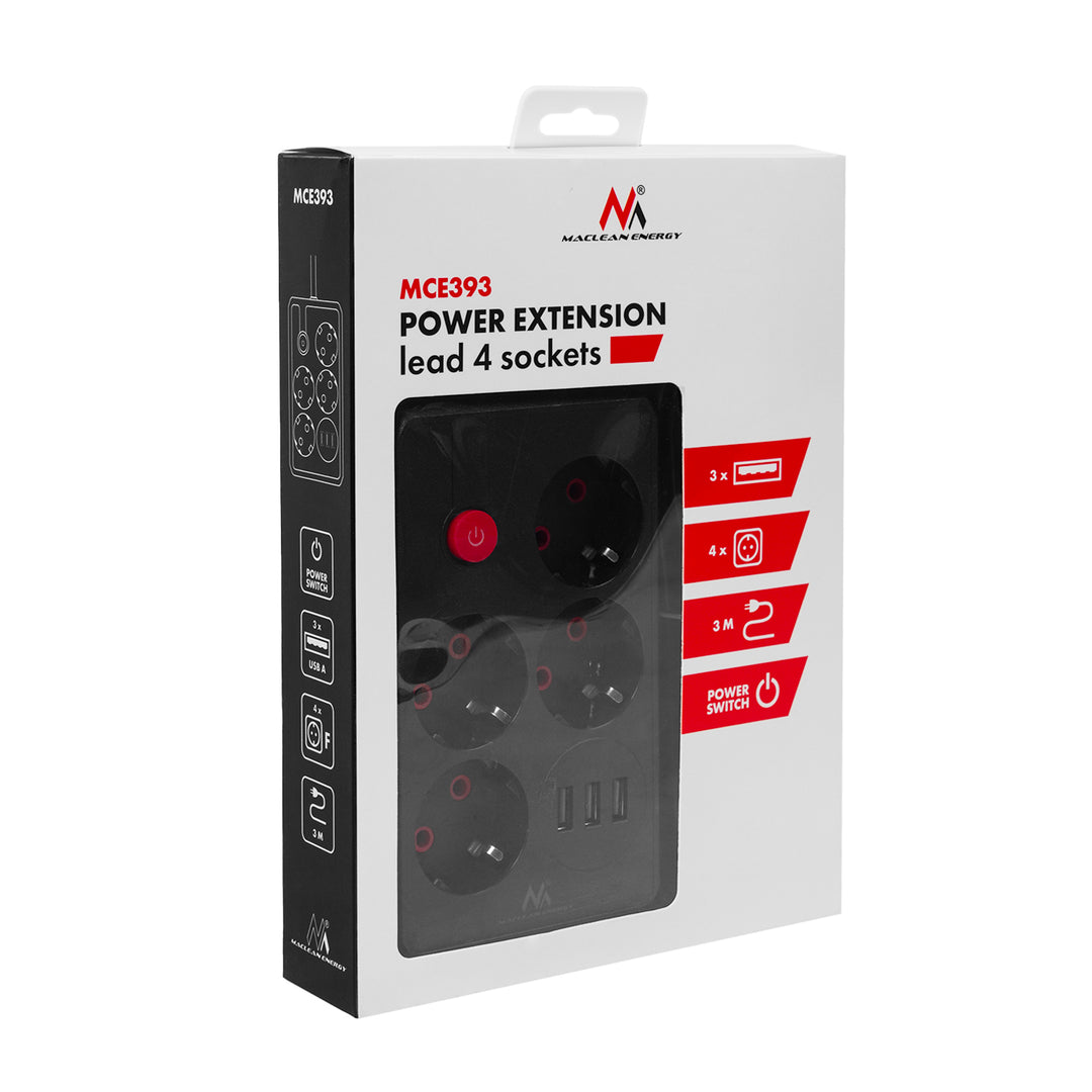 Napájecí lišta Maclean, prodlužovací kabel se 4 zásuvkami + 3xUSB, 110-240V AC 50/60Hz, 2,1A max. 2500W, 3m, černá, MCE393 B