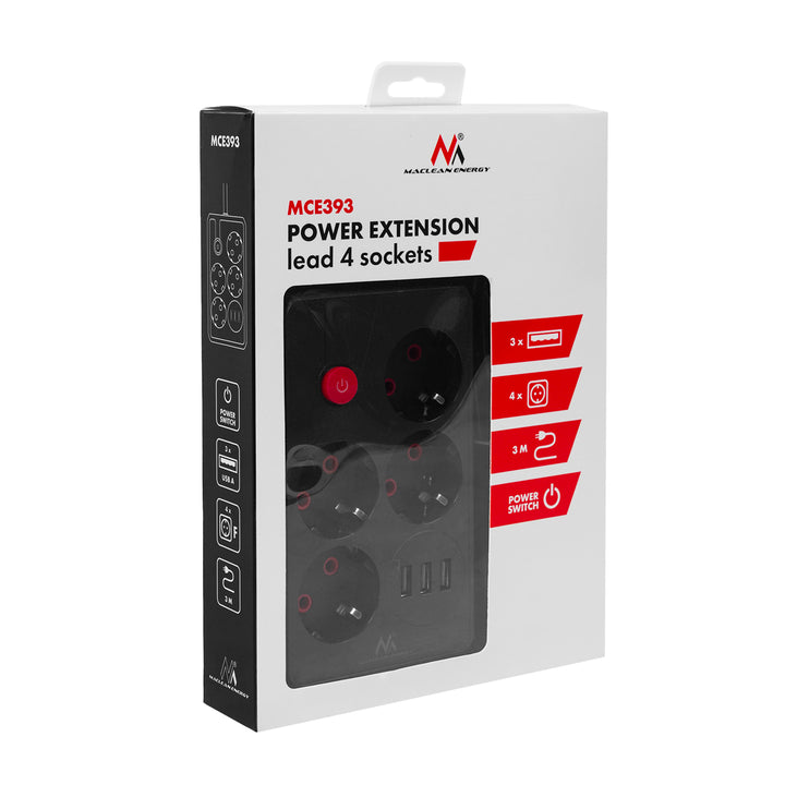Napájecí lišta Maclean, prodlužovací kabel se 4 zásuvkami + 3xUSB, 110-240V AC 50/60Hz, 2,1A max. 2500W, 3m, černá, MCE393 B
