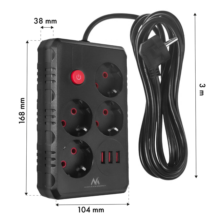 Napájecí lišta Maclean, prodlužovací kabel se 4 zásuvkami + 3xUSB, 110-240V AC 50/60Hz, 2,1A max. 2500W, 3m, černá, MCE393 B