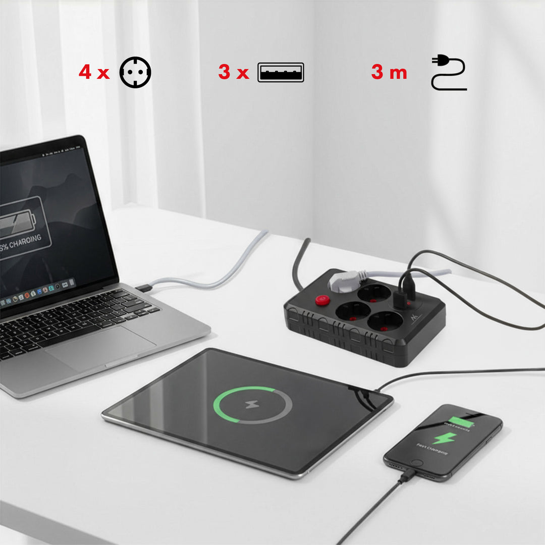 Napájecí lišta Maclean, prodlužovací kabel se 4 zásuvkami + 3xUSB, 110-240V AC 50/60Hz, 2,1A max. 2500W, 3m, černá, MCE393 B