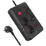 Napájecí lišta Maclean, prodlužovací kabel se 4 zásuvkami + 3xUSB, 110-240V AC 50/60Hz, 2,1A max. 2500W, 3m, černá, MCE393 B