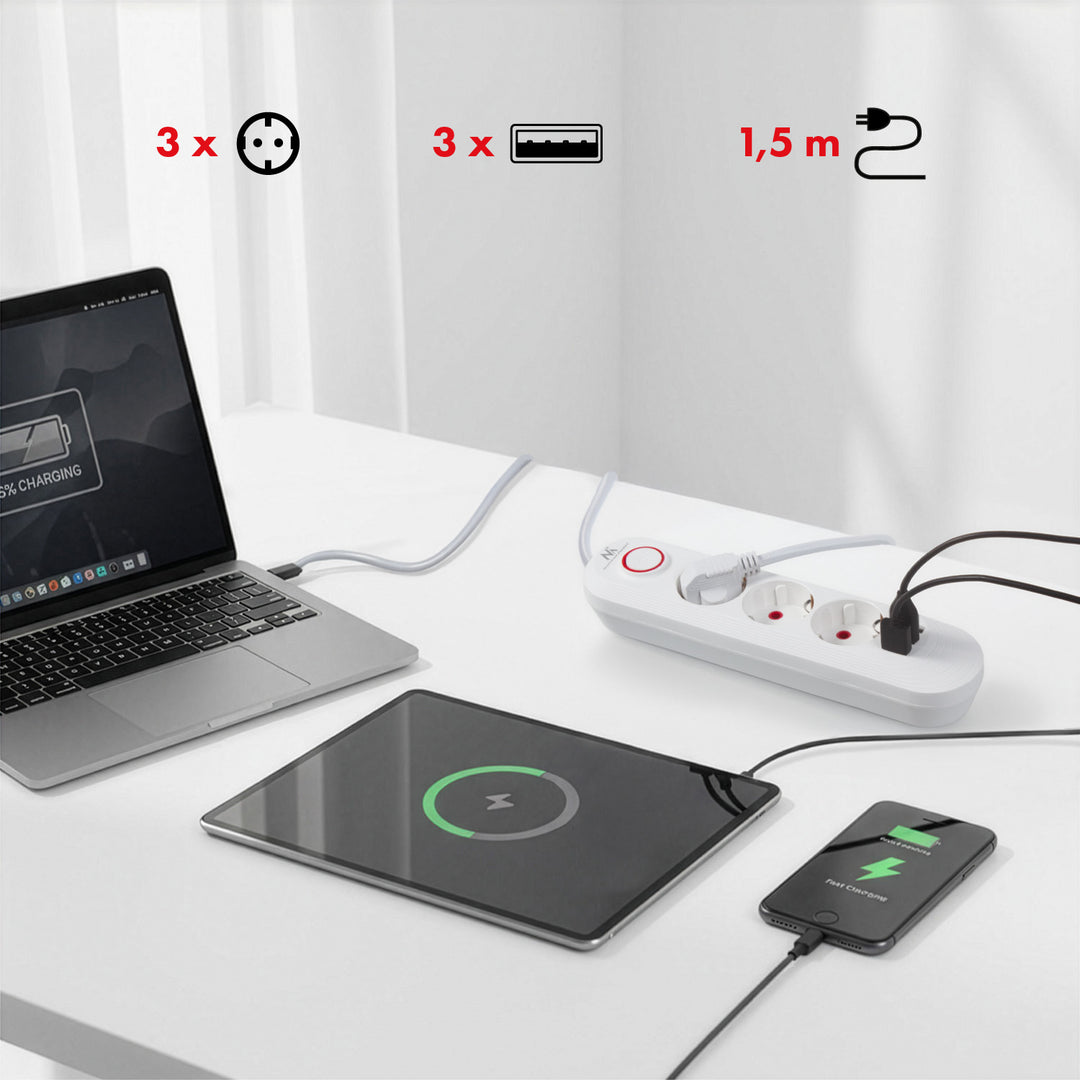 Napájecí lišta Maclean, 3zásuvkový prodlužovací kabel + 3xUSB, 110-240V AC 50/60Hz, 2,1A max. 2500W, 1,5 m, bílá, MCE394 W