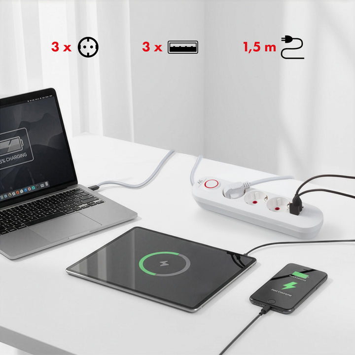 Napájecí lišta Maclean, 3zásuvkový prodlužovací kabel + 3xUSB, 110-240V AC 50/60Hz, 2,1A max. 2500W, 1,5 m, bílá, MCE394 W