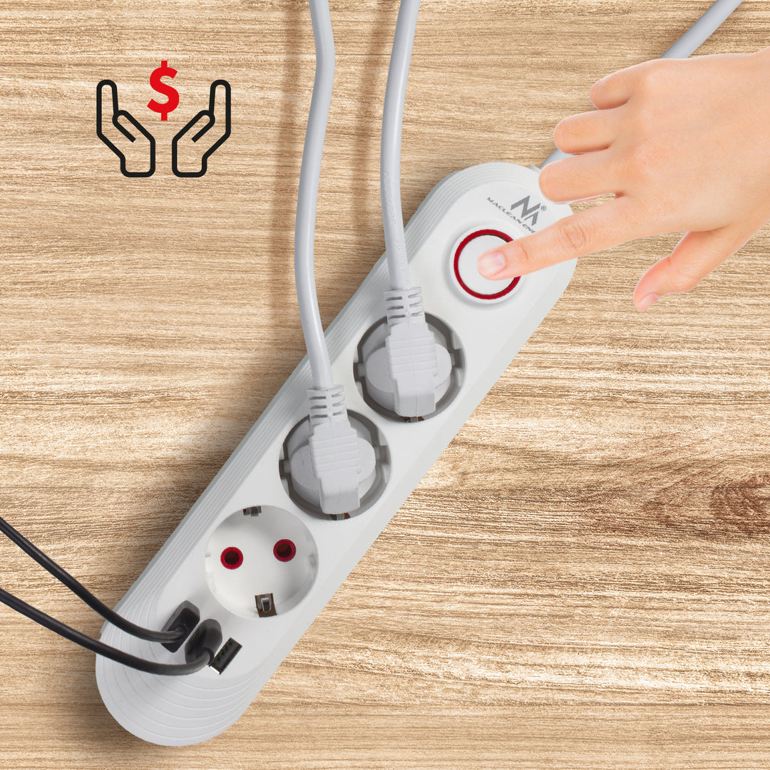 Napájecí lišta Maclean, 3zásuvkový prodlužovací kabel + 3xUSB, 110-240V AC 50/60Hz, 2,1A max. 2500W, 1,5 m, bílá, MCE394 W