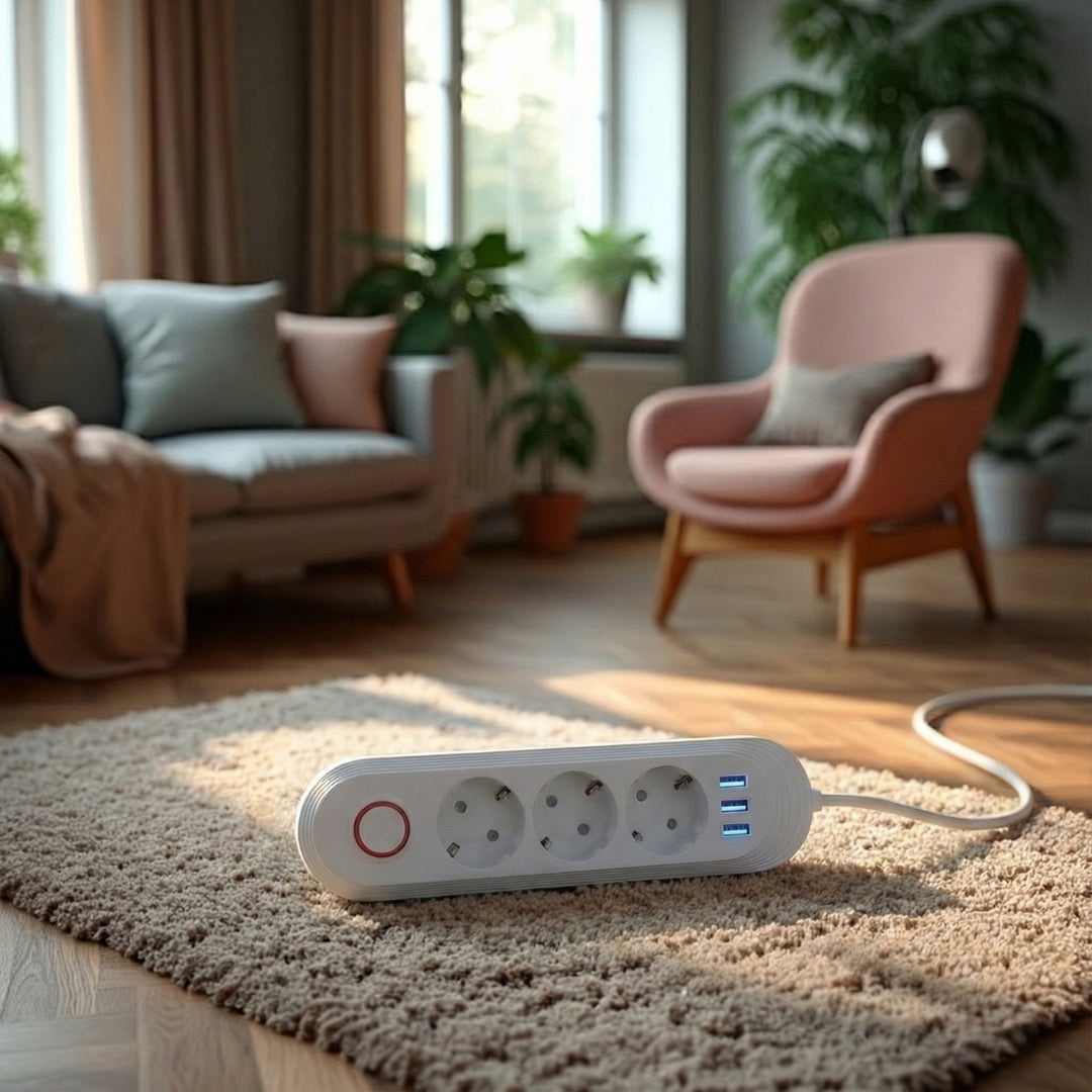 Napájecí lišta Maclean, 3zásuvkový prodlužovací kabel + 3xUSB, 110-240V AC 50/60Hz, 2,1A max. 2500W, 1,5 m, bílá, MCE394 W