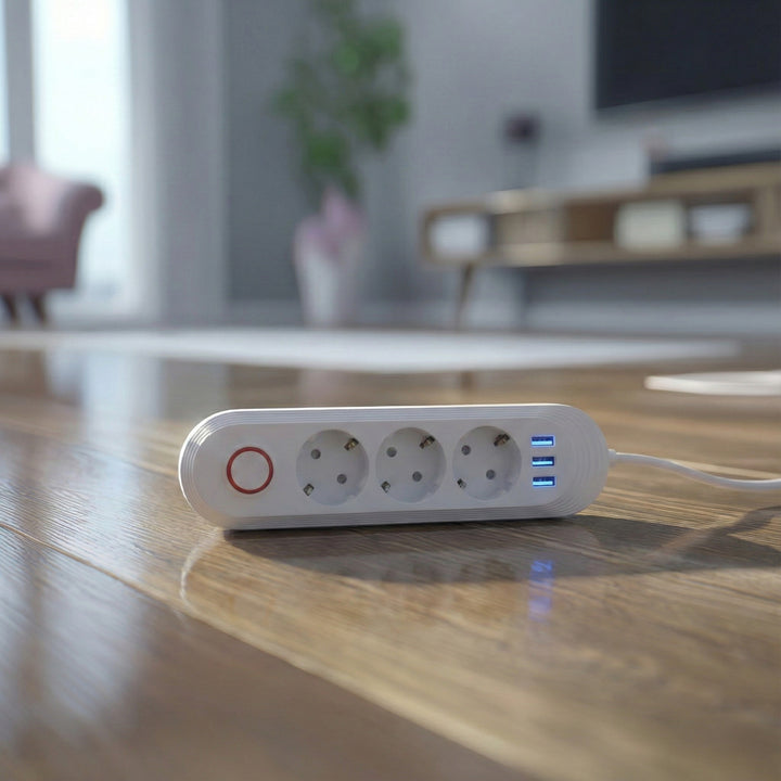 Napájecí lišta Maclean, 3zásuvkový prodlužovací kabel + 3xUSB, 110-240V AC 50/60Hz, 2,1A max. 2500W, 1,5 m, bílá, MCE394 W