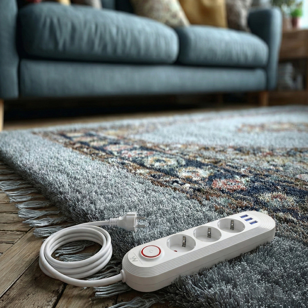 Napájecí lišta Maclean, 3zásuvkový prodlužovací kabel + 3xUSB, 110-240V AC 50/60Hz, 2,1A max. 2500W, 1,5 m, bílá, MCE394 W