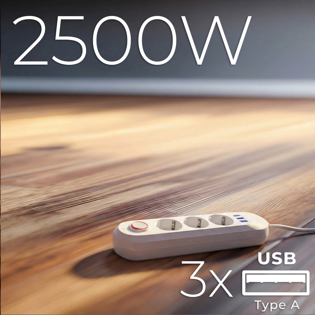 Napájecí lišta Maclean, 3zásuvkový prodlužovací kabel + 3xUSB, 110-240V AC 50/60Hz, 2,1A max. 2500W, 1,5 m, bílá, MCE394 W