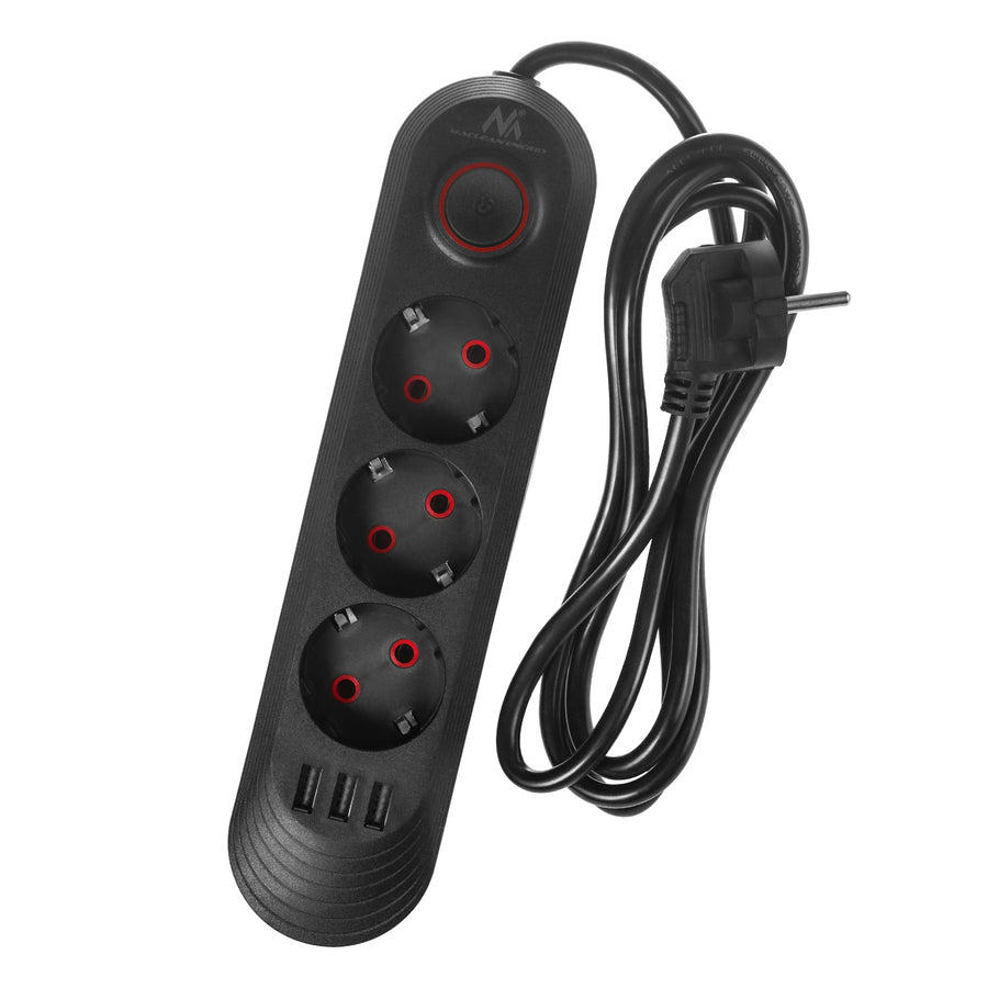 Napájecí lišta Maclean, 3zásuvkový prodlužovací kabel + 3xUSB, 110-240V AC 50/60Hz, 2,1A max. 2500W, 1,5 m, černá, MCE394 B