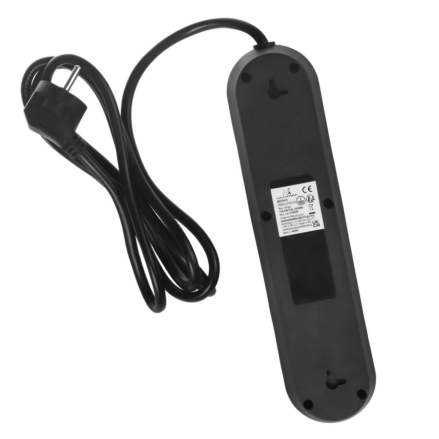 Napájecí lišta Maclean, 3zásuvkový prodlužovací kabel + 3xUSB, 110-240V AC 50/60Hz, 2,1A max. 2500W, 1,5 m, černá, MCE394 B
